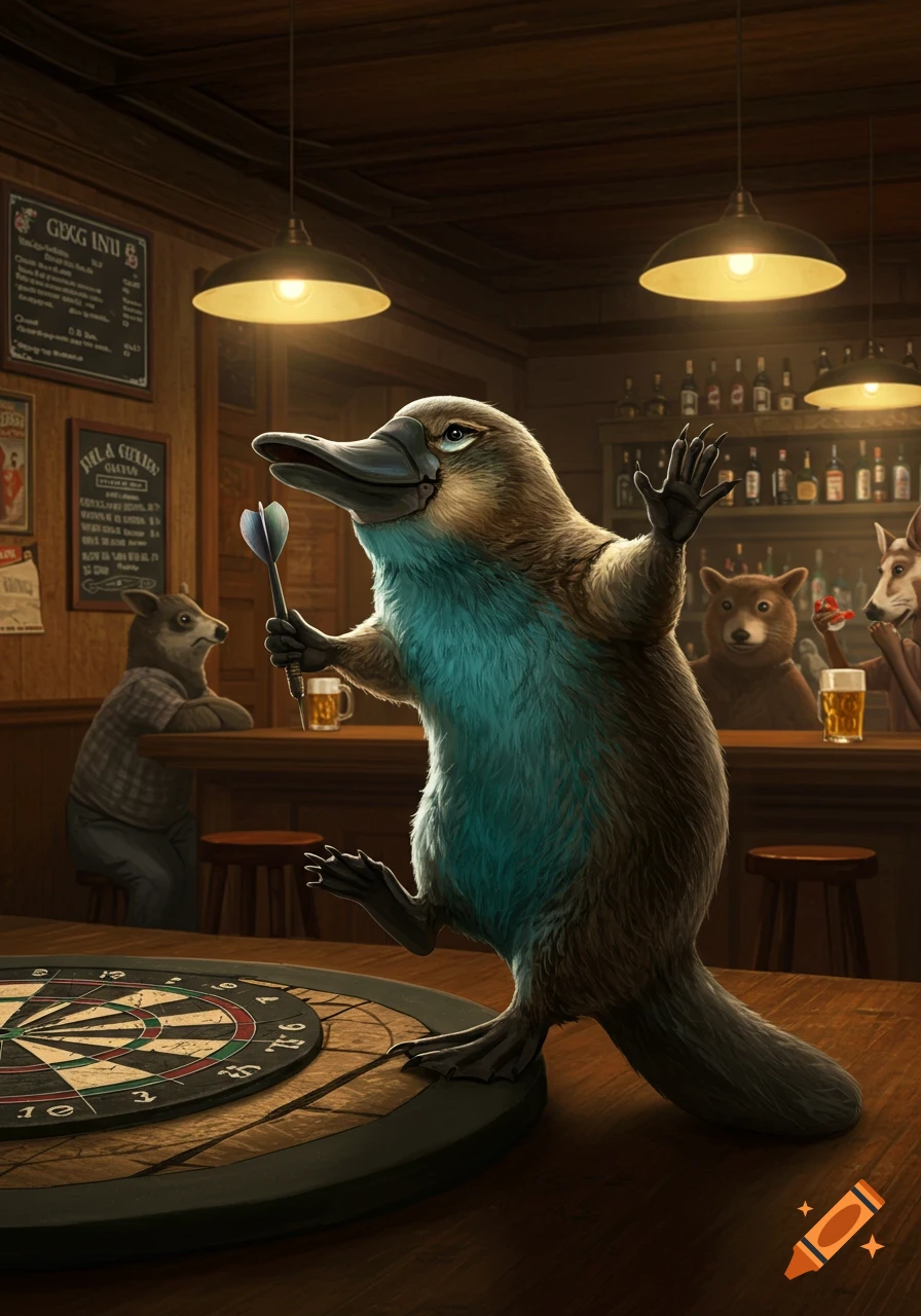A platypus stands in a rustic bar holding a dart, with a dartboard on a table and other anthropomorphic animals in the background.