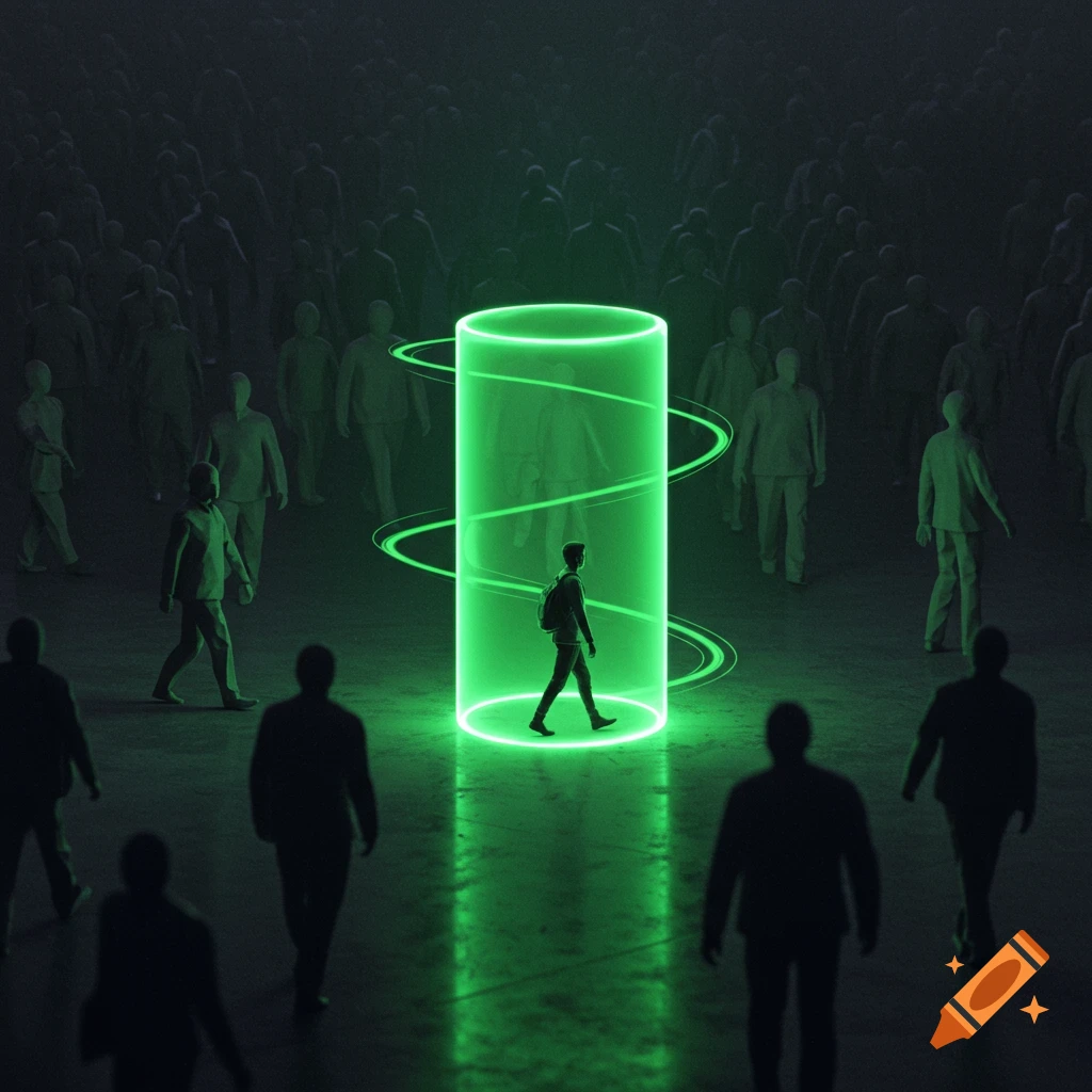 A lone figure walks within a bright green light cylinder, surrounded by ...