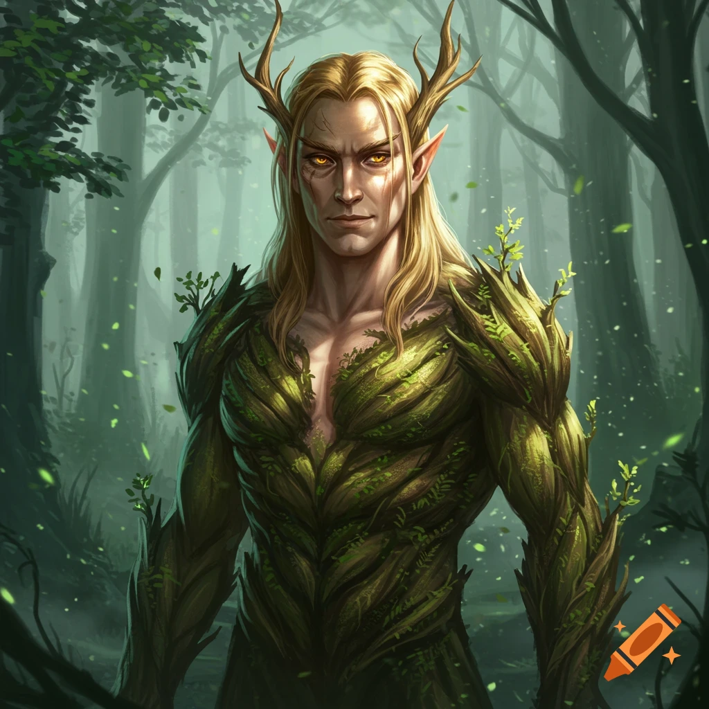 A blonde fantasy elf with antlers, amber eyes, and green plant armor stands in a mystical forest. Fantasy illustration.