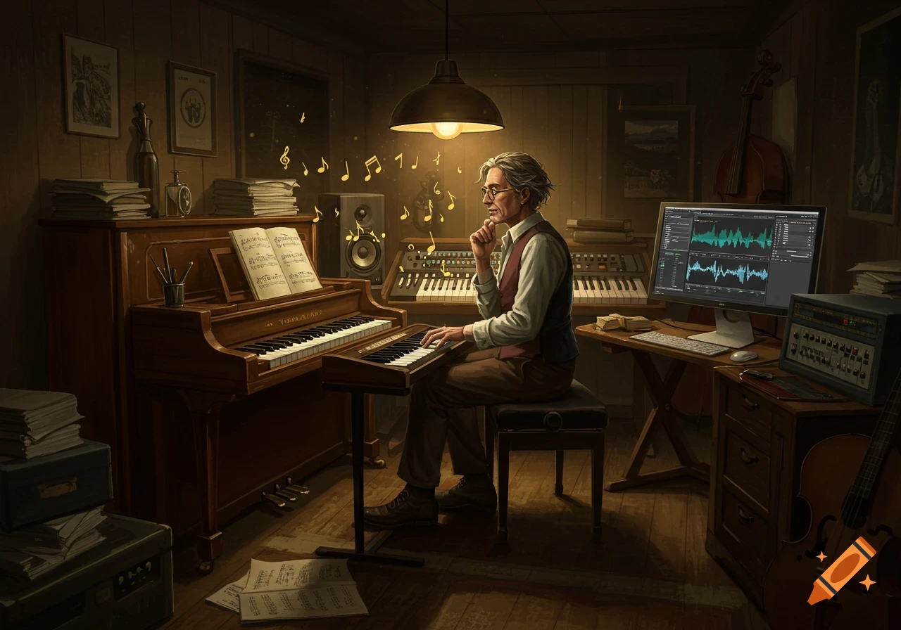 An older man with gray hair and glasses sits at a digital piano in a dimly lit music studio, surrounded by instruments and equipment.