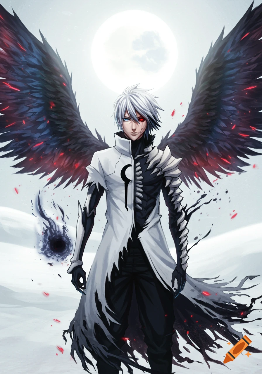 An anime male warrior with white hair, blue and red eyes, black wings, and a fragmented white and black coat, stands in a white desert under a moon.