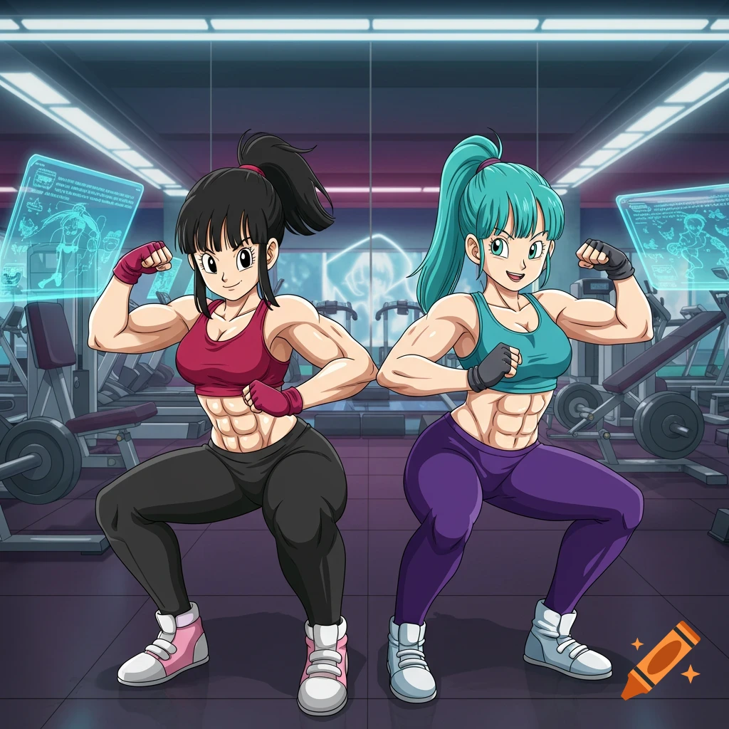 Two anime women, Chi-Chi and Bulma, flex their muscular arms and abs in a gym with exercise equipment.