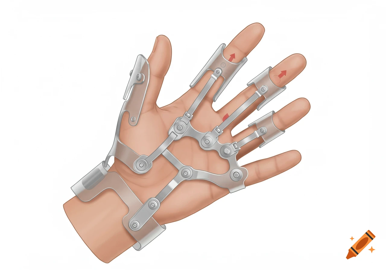 Illustration of a hand wearing a transparent orthopedic finger brace with articulated metal parts, against a white background.