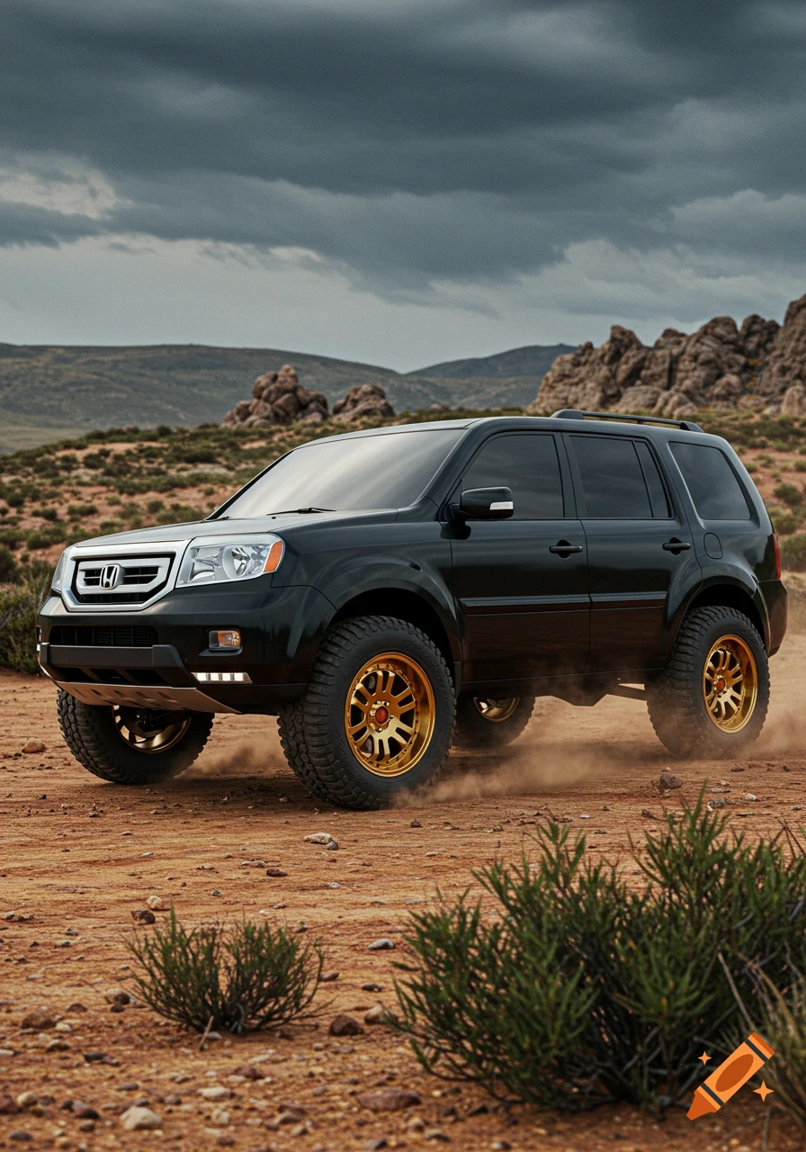 Black Honda Pilot SUV with gold rims and off-road tires on a dirt road in a desert landscape.