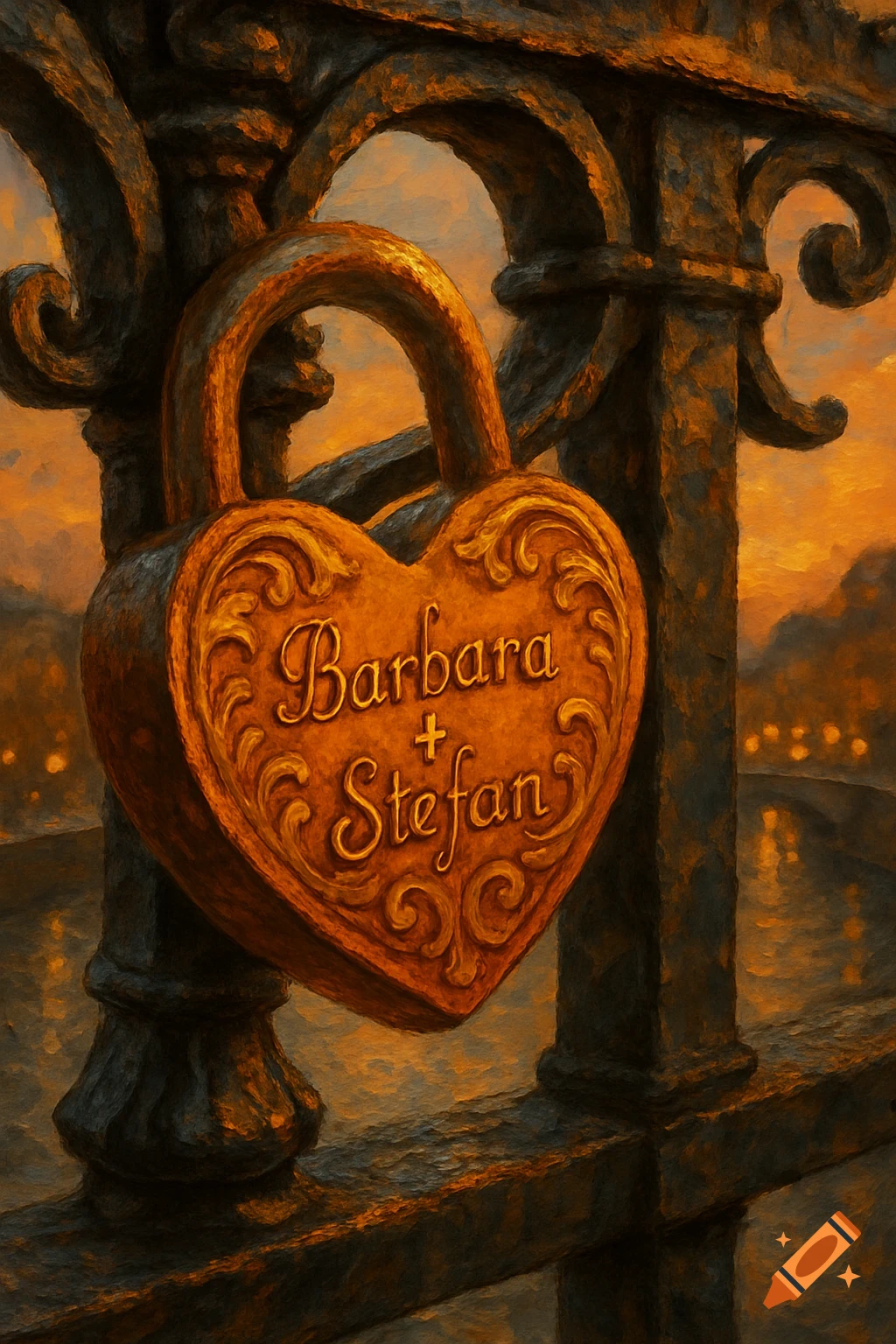 A heart-shaped golden love lock with "Barbara + Stefan" inscribed, attached to a dark metal bridge railing against an orange sunset sky.