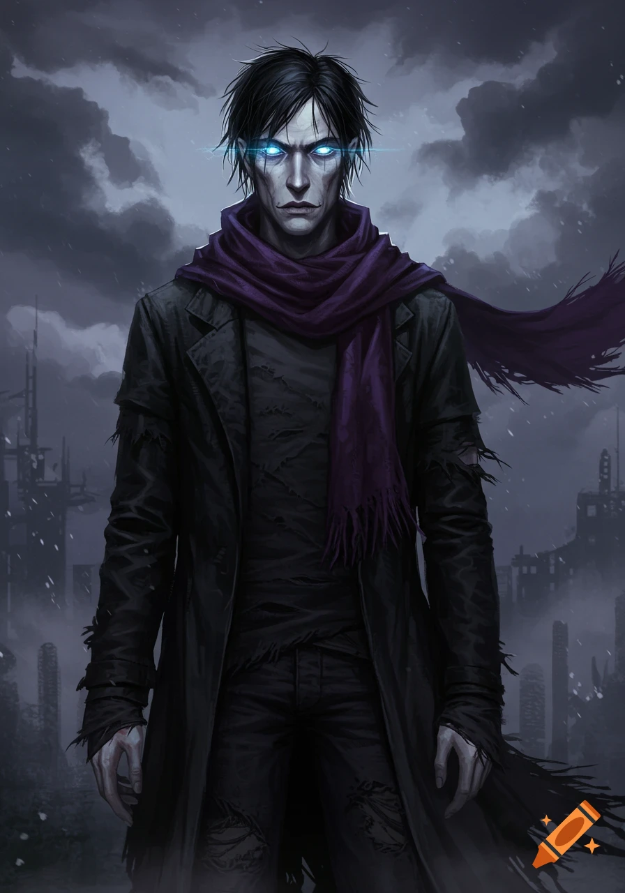 A pale, gaunt man with messy black hair, glowing blue eyes, a tattered black coat, and a purple scarf stands against a dark, cloudy, ruined city.