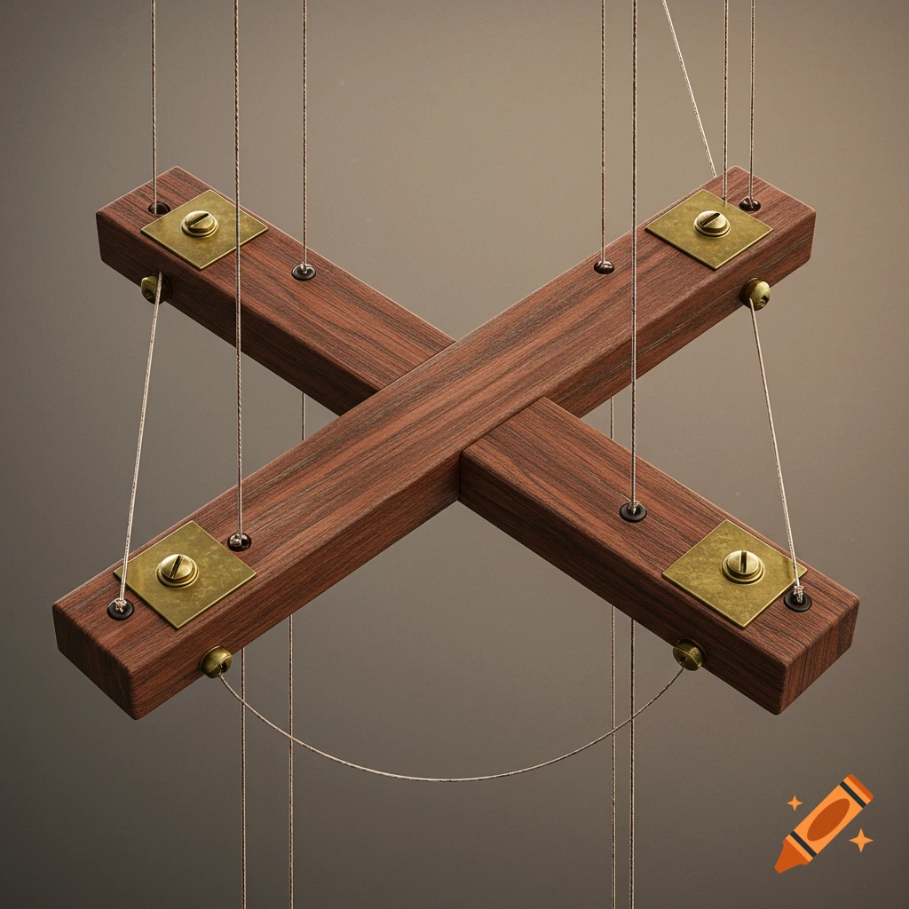 Two dark wooden cross beams, secured with brass plates and screws, with numerous strings attached, resembling a puppet control.