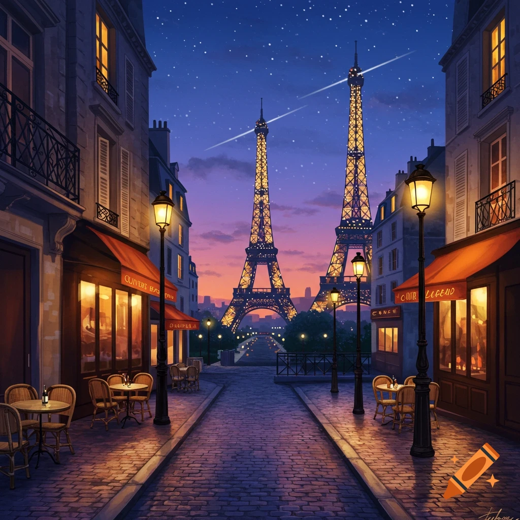 Charming Parisian street at dusk with illuminated cafes and two Eiffel Towers in the background, under a starry sky.
