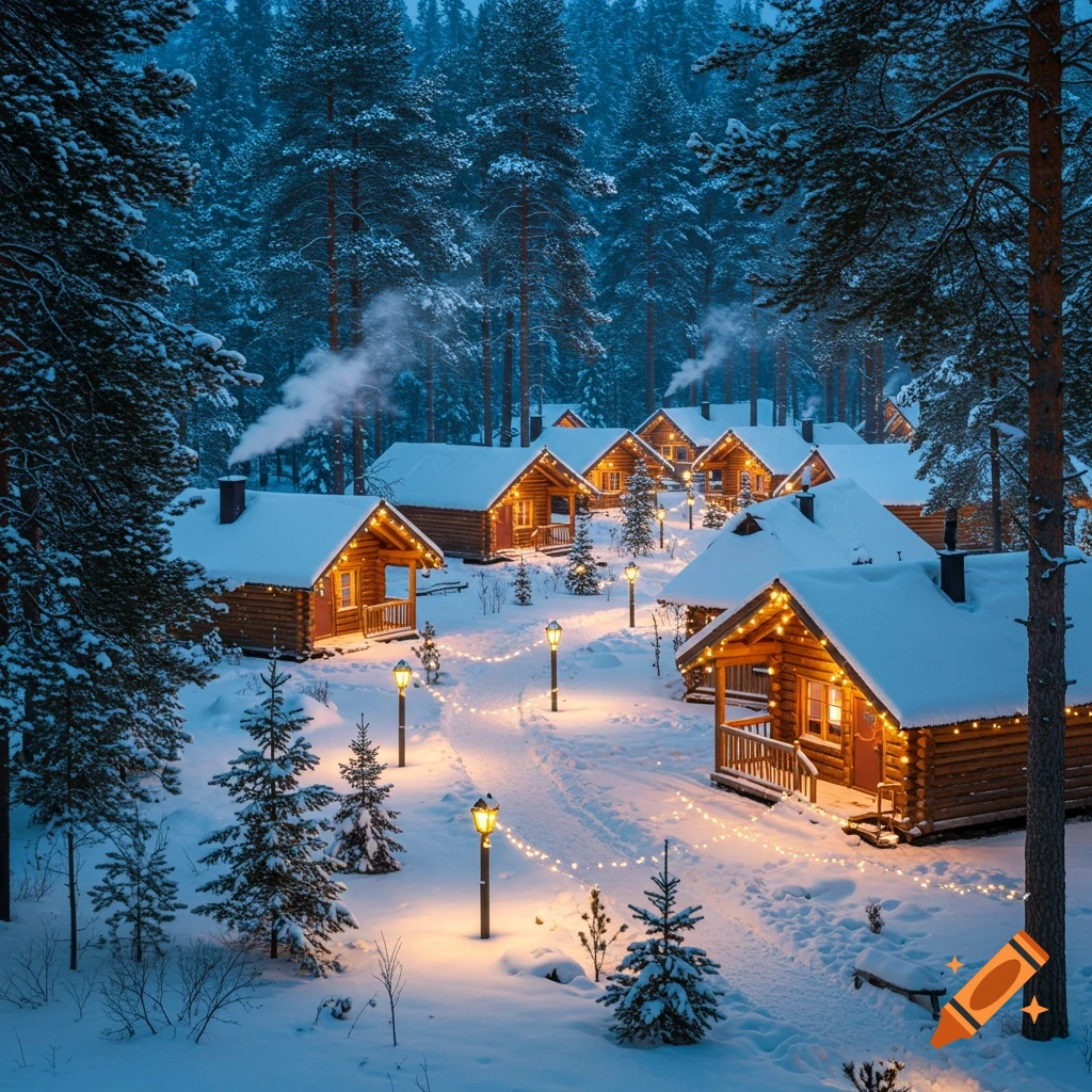 A cozy log cabin village covered in snow in a dense forest at night ...
