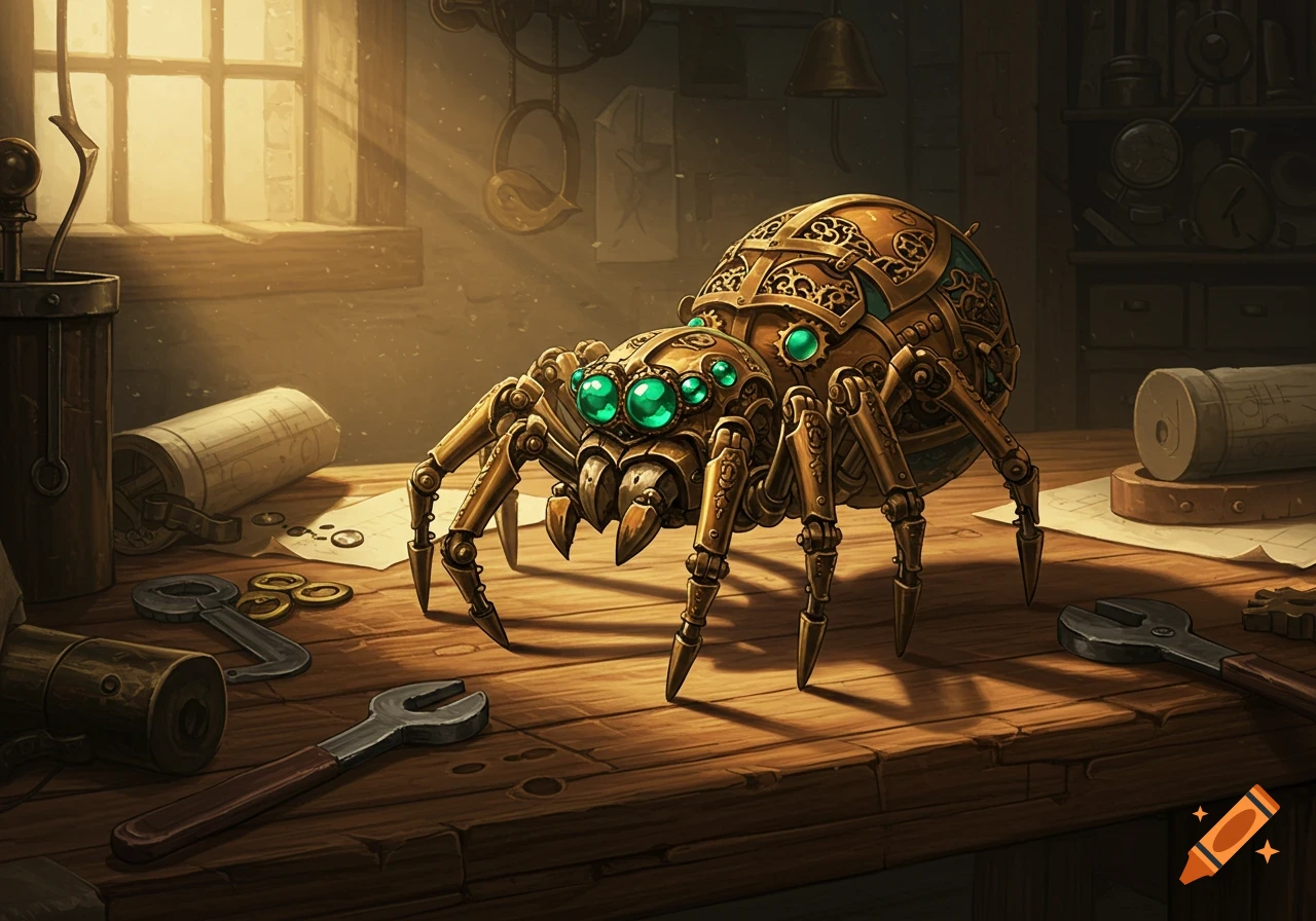 A detailed steampunk mechanical spider with glowing green eyes sits on an old wooden workshop table cluttered with tools.