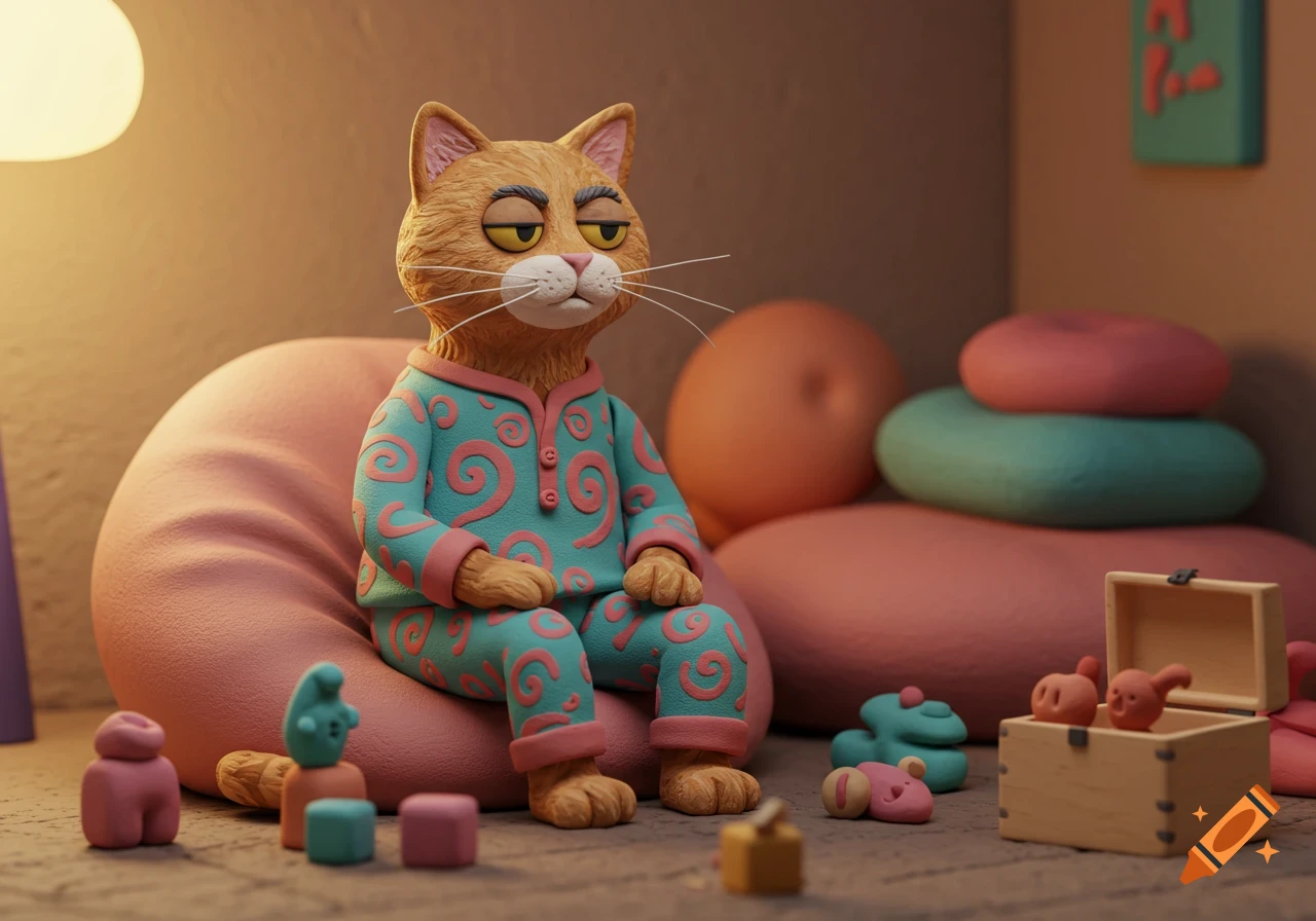 A grumpy claymation cat in blue and pink pajamas sits on a pink beanbag chair, surrounded by toys in a warm room.
