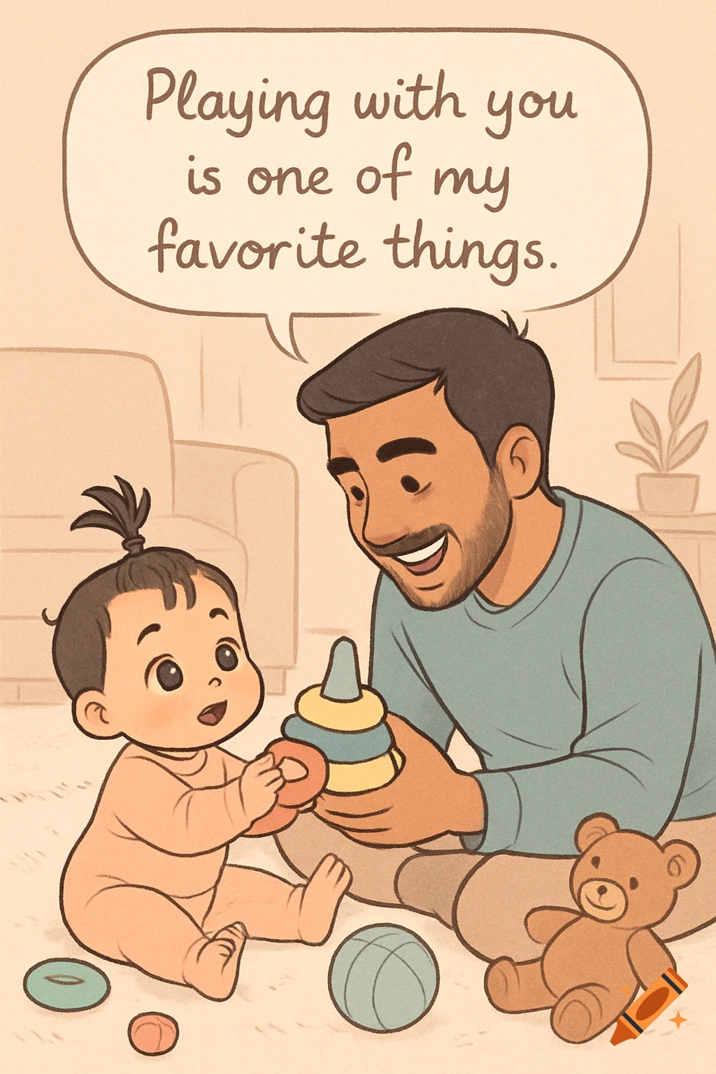 A father and baby girl play with colorful toys on a carpet in a cozy living room, with text in a speech bubble, in soft pastel comic art.