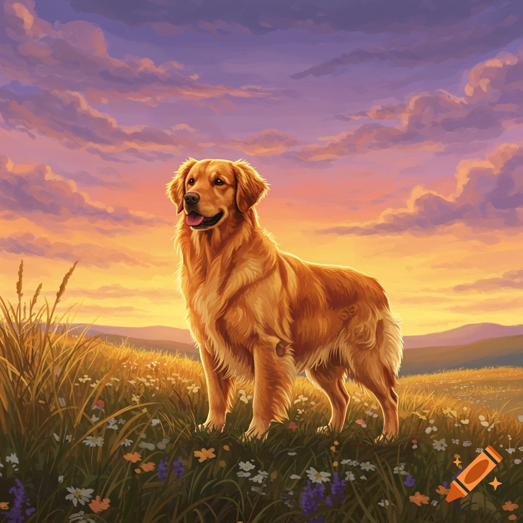 A golden retriever stands in a field of wildflowers with a sunset sky ...