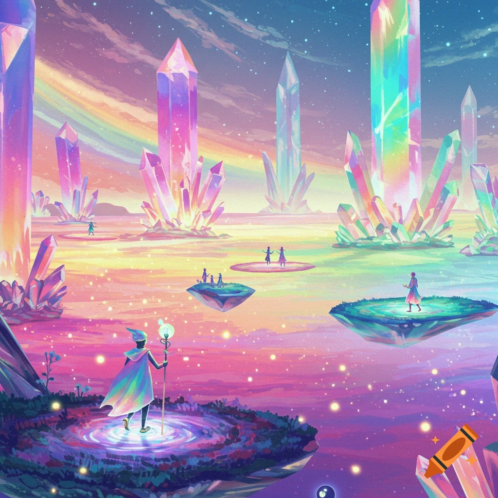 A vibrant, colorful fantasy landscape features towering rainbow crystals, floating islands, and small, robed figures beneath a starry, pastel sky.