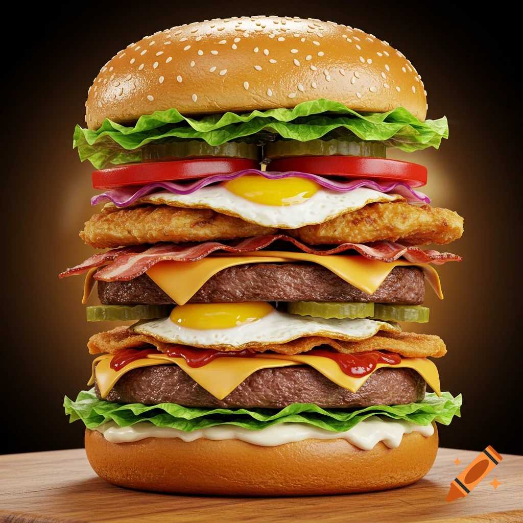 A towering, photorealistic burger features two beef patties, two fried eggs, two fried chicken patties, bacon, cheese, lettuce, tomato, pickles, and sauces on a sesame seed bun.
