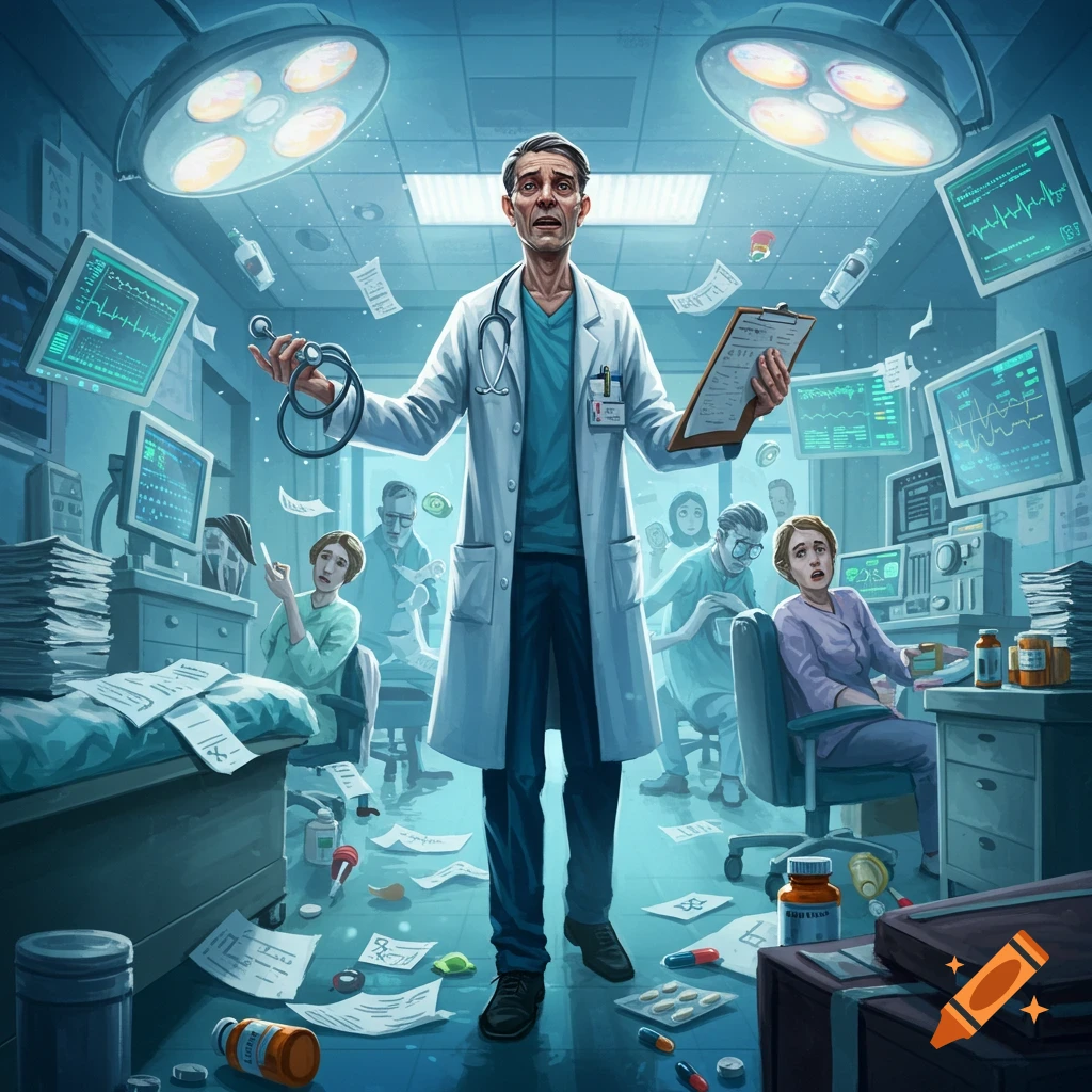 An overwhelmed doctor in a white coat stands in a chaotic hospital room with patients, scattered papers, and medicine bottles, looking stressed under bright surgical lights. Cartoon style.