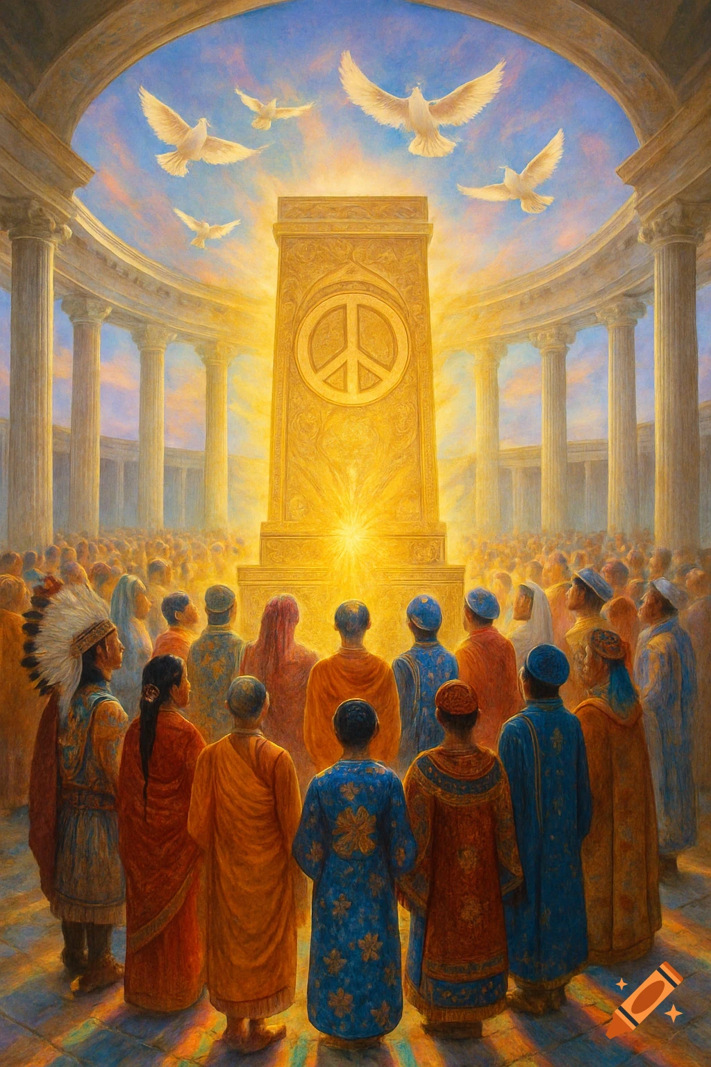 A diverse crowd gathers around a luminous golden monument featuring a peace symbol, framed by classical columns and doves in a spiritual painting.