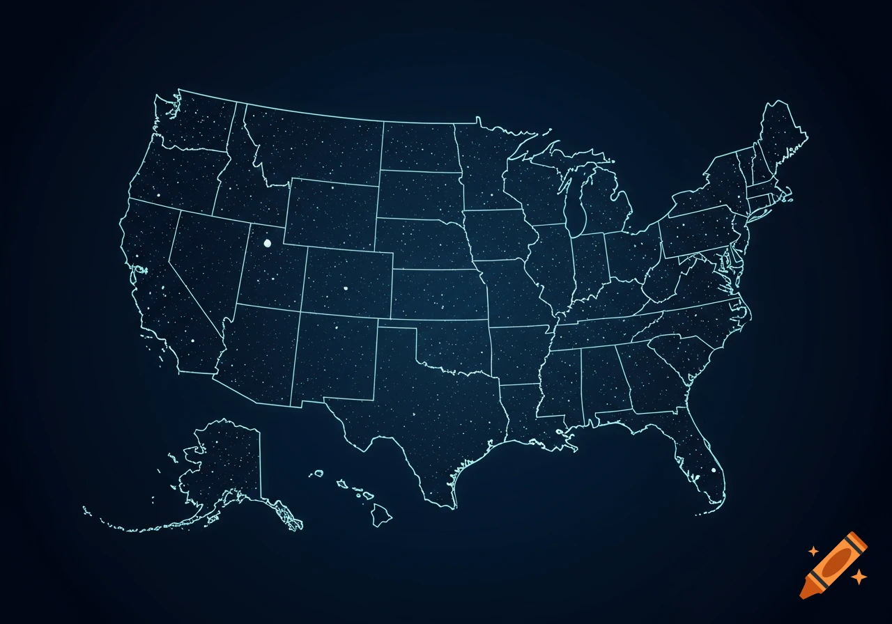 Digital outline map of the United States, including Alaska and Hawaii, with state borders against a dark, star-filled background.