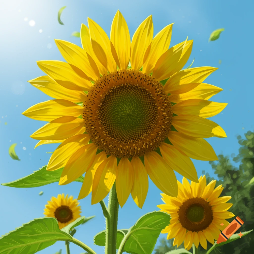 A vibrant, close-up view of a large yellow sunflower with smaller sunflowers in the background against a clear blue sky.