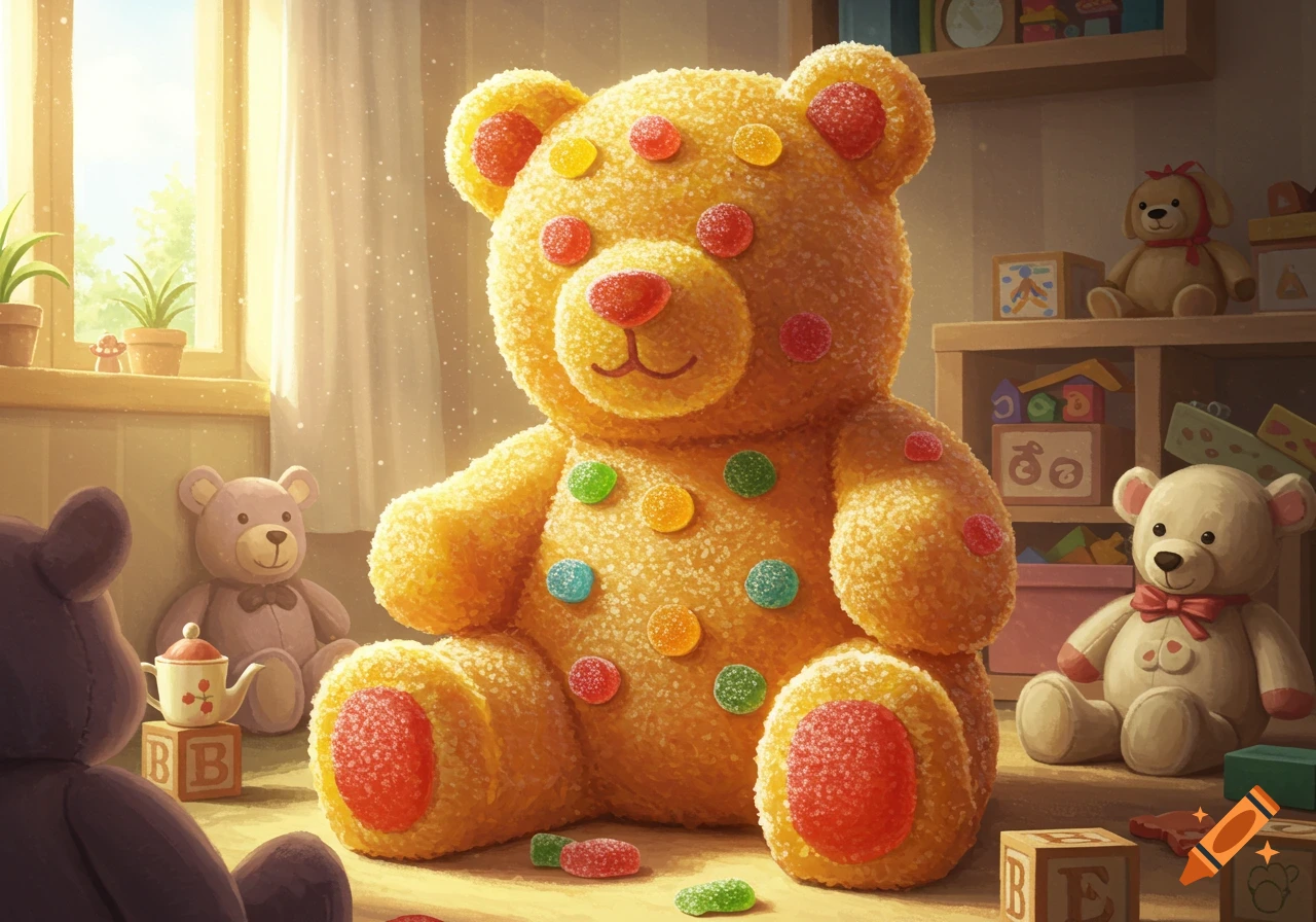 A large gummy candy teddy bear with colorful dot candies sits in a sunny playroom surrounded by other stuffed animals and wooden blocks.