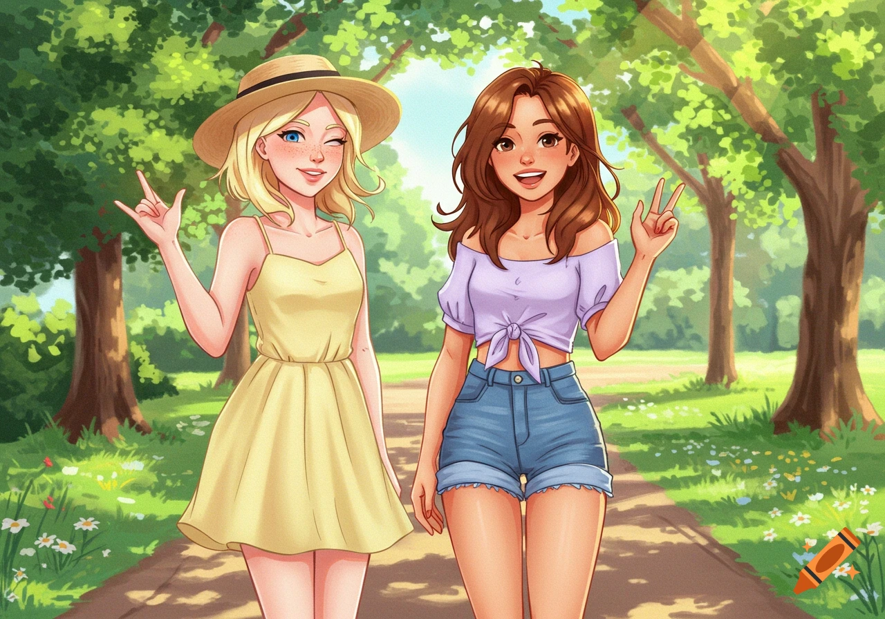 Two cartoon girls walk in a sunny park, one blonde winking with a hand gesture, the other brown-haired smiling with a peace sign.