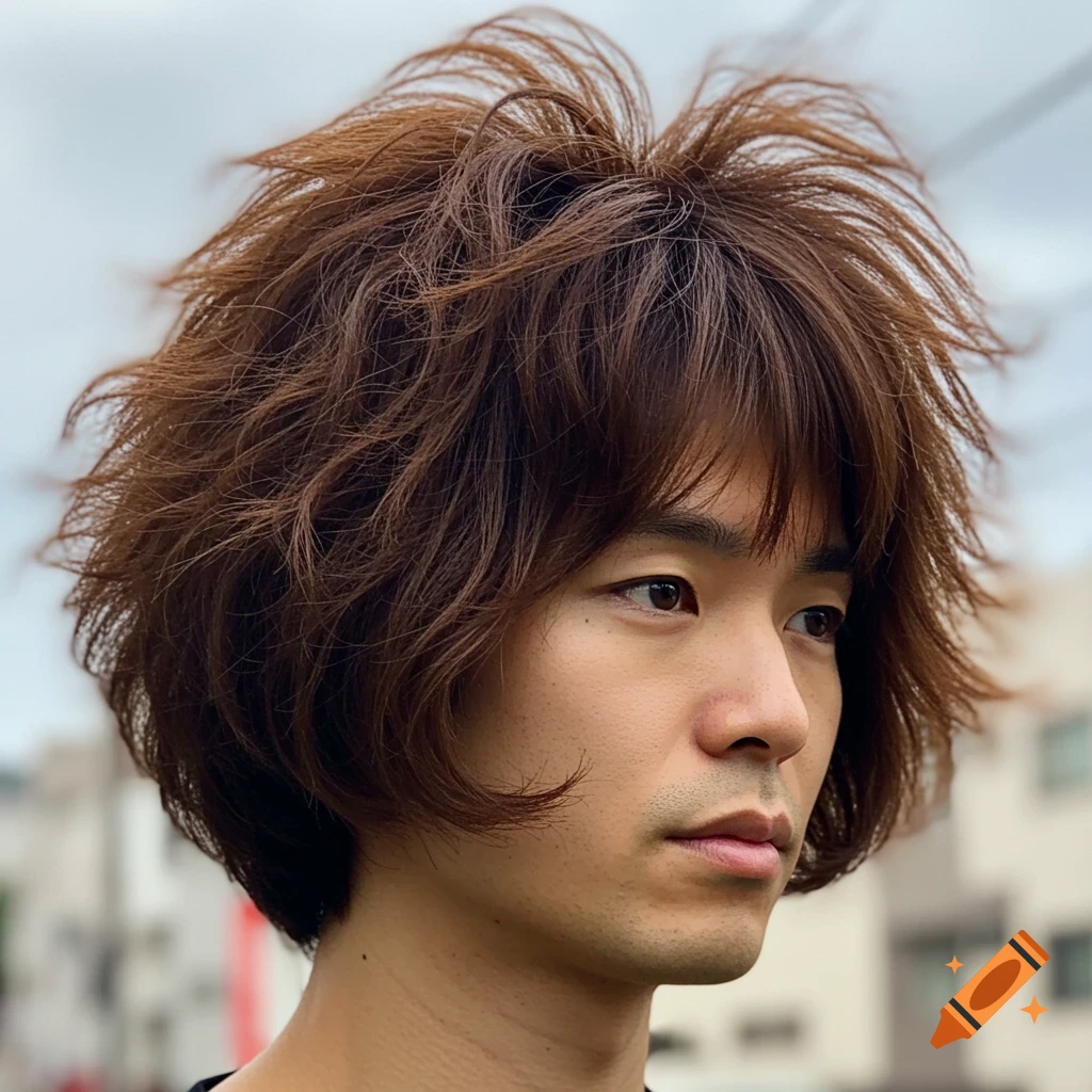 Close-up photorealistic portrait of a Japanese man with a voluminous, frizzy brown bob haircut.