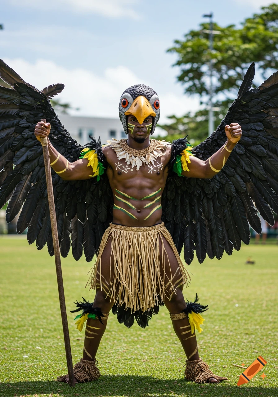 A man in a Doctor Bird-like mascot costume with a straw skirt and body paint, holding a staff, stands on a grassy field.