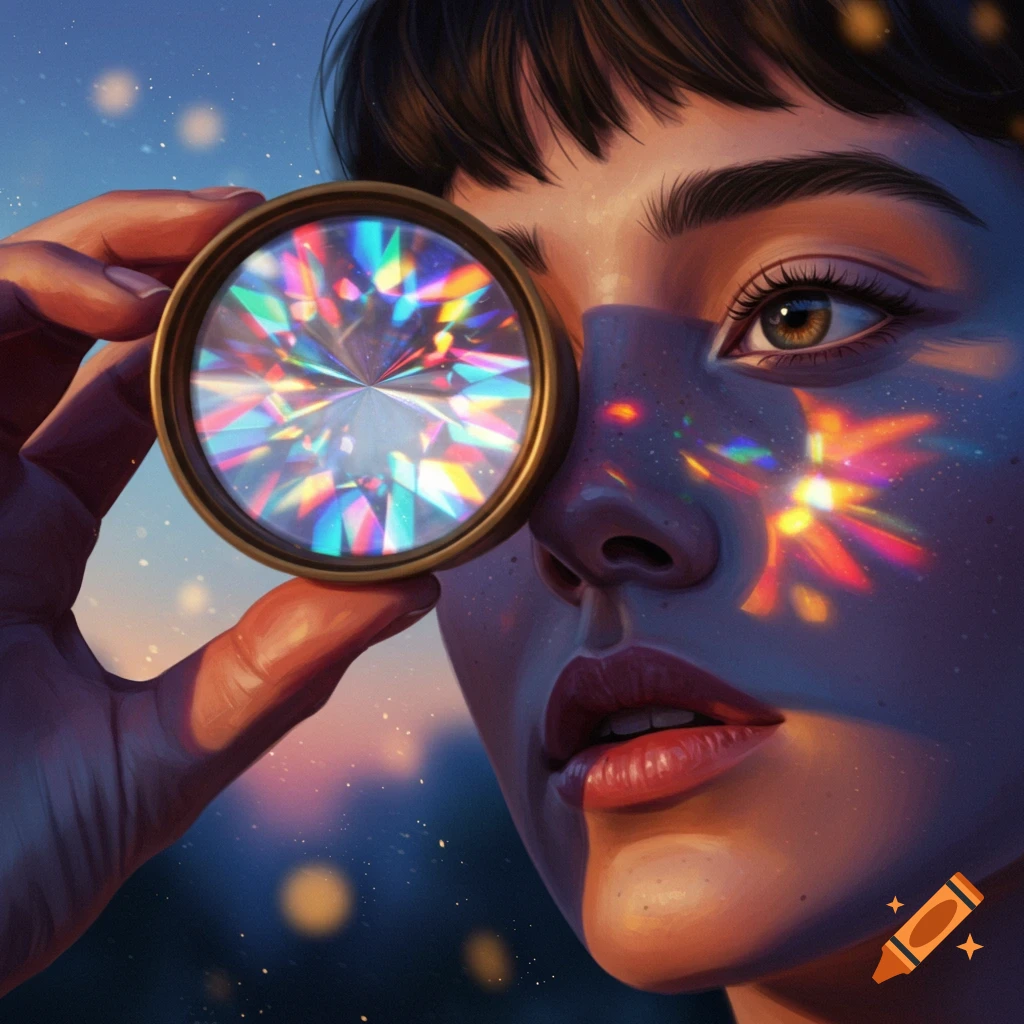 Vibrant digital painting of a person looking through a kaleidoscope, casting colorful light patterns on their face.