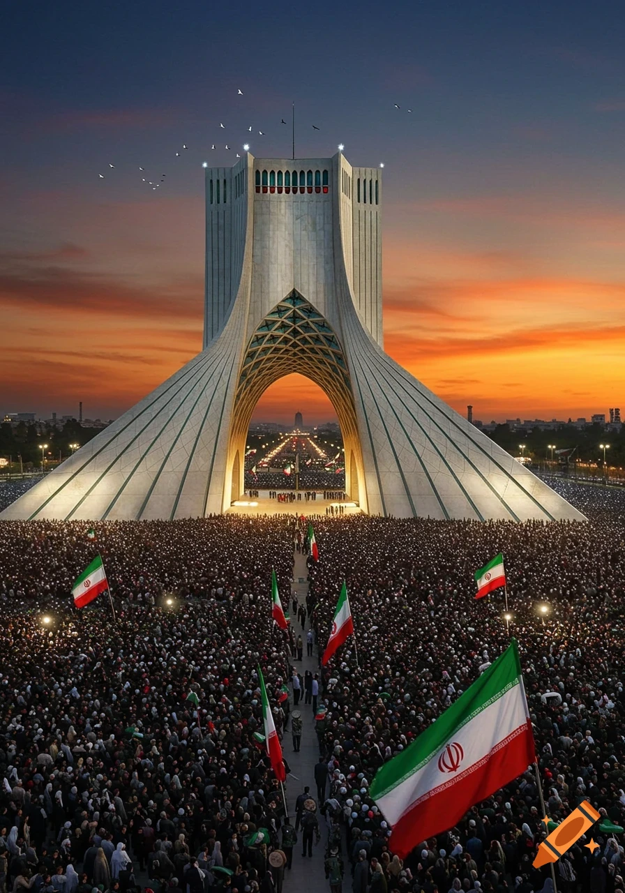 A vast crowd gathers before the illuminated Azadi Tower at sunset, with Iranian flags waving.