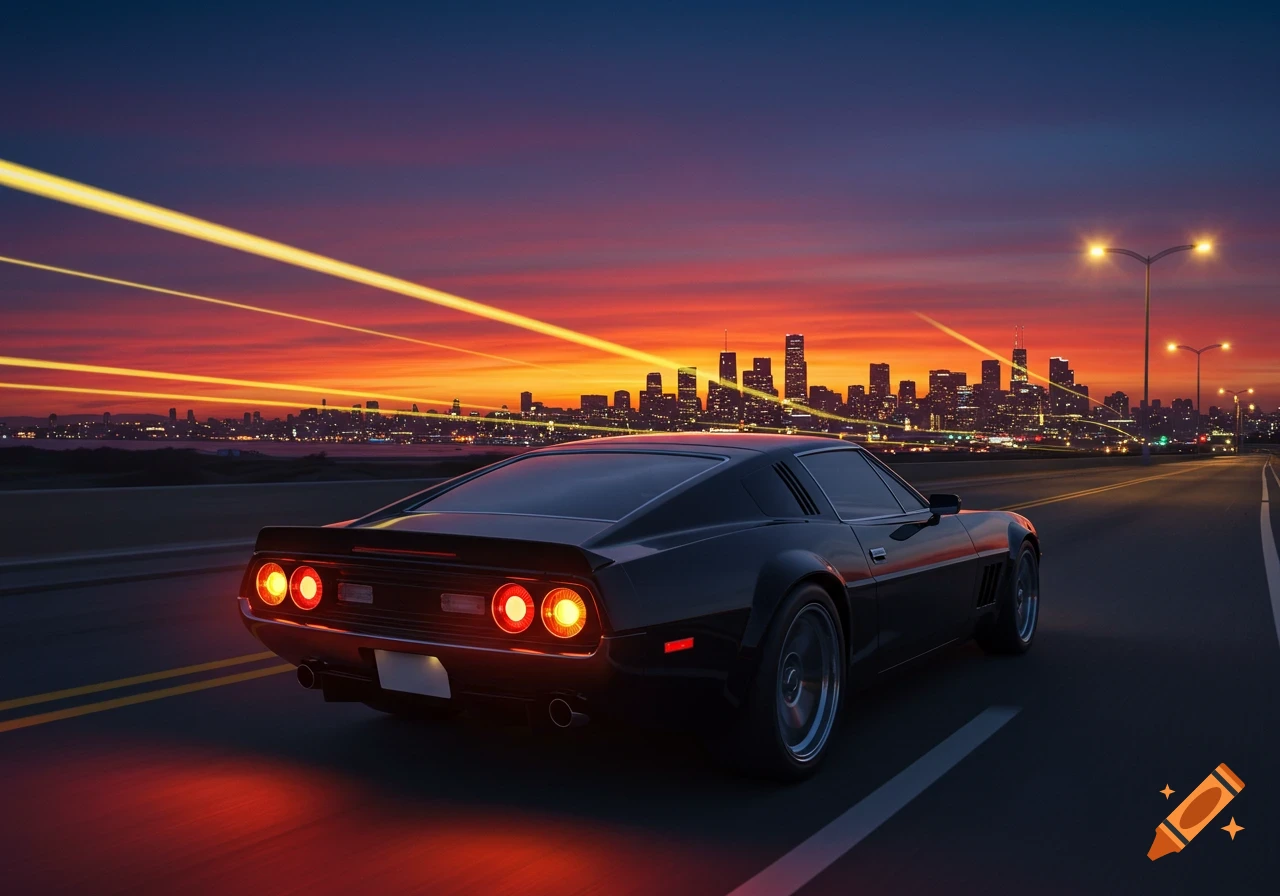 A sleek black sports car drives on a highway towards a cityscape under a vibrant orange and purple sunset sky, with light trails.