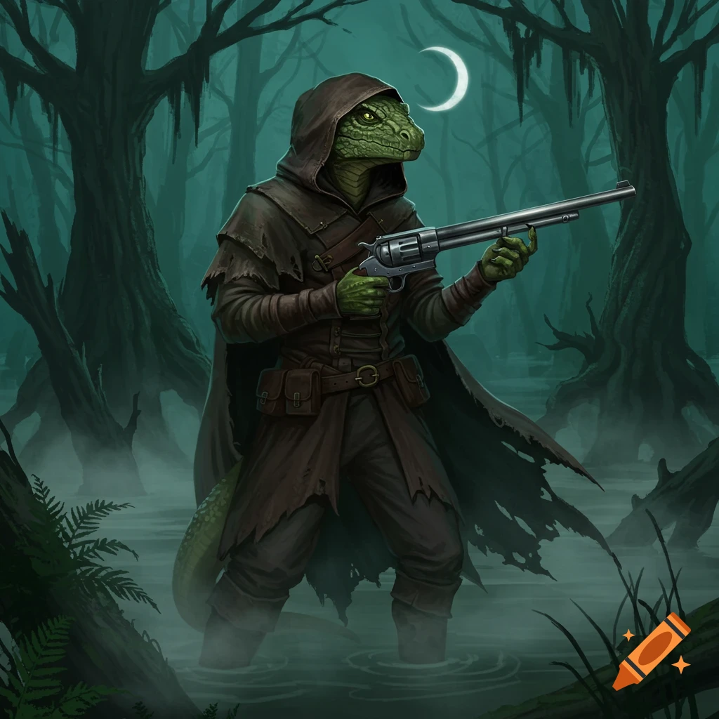 A cloaked, green-scaled lizardfolk with glowing eyes holds a revolver while standing in a misty swamp under a crescent moon.
