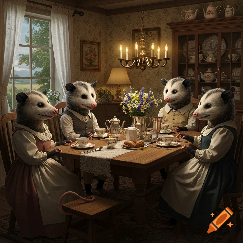 Four anthropomorphic opossums in period clothing having a tea party at a wooden table in a cozy cottage dining room.