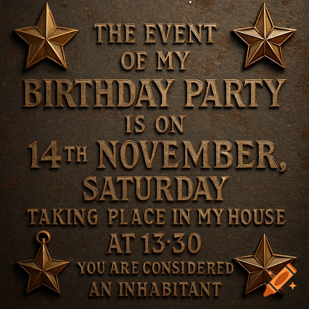 A metallic invitation with embossed gold text for a birthday party on 14th November, Saturday, at 13:30, decorated with four golden military stars.