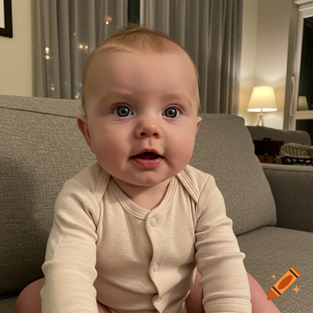 A cute baby with blonde hair and blue eyes, wearing a onesie, sitting on a gray couch indoors.