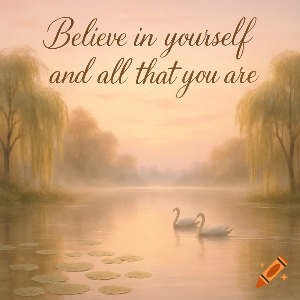 A misty lake at sunrise with two swans, willow trees, and the quote "Believe in yourself and all that you are".