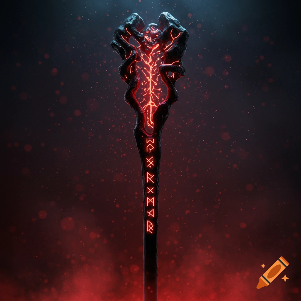 Ancient black staff with glowing red runes, set against a dark, particle-filled background.