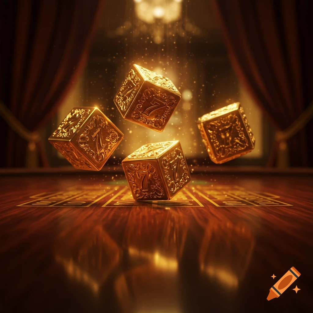 Four ornate golden dice with the number 7 falling onto a glossy wooden casino table with sparkling light.