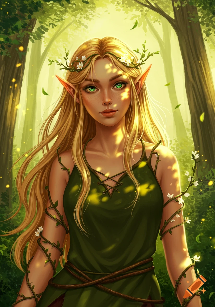 Blonde, green-eyed elf with pointed ears and leafy crown in a sun-dappled forest, vines on her arms, in a fantasy illustration.