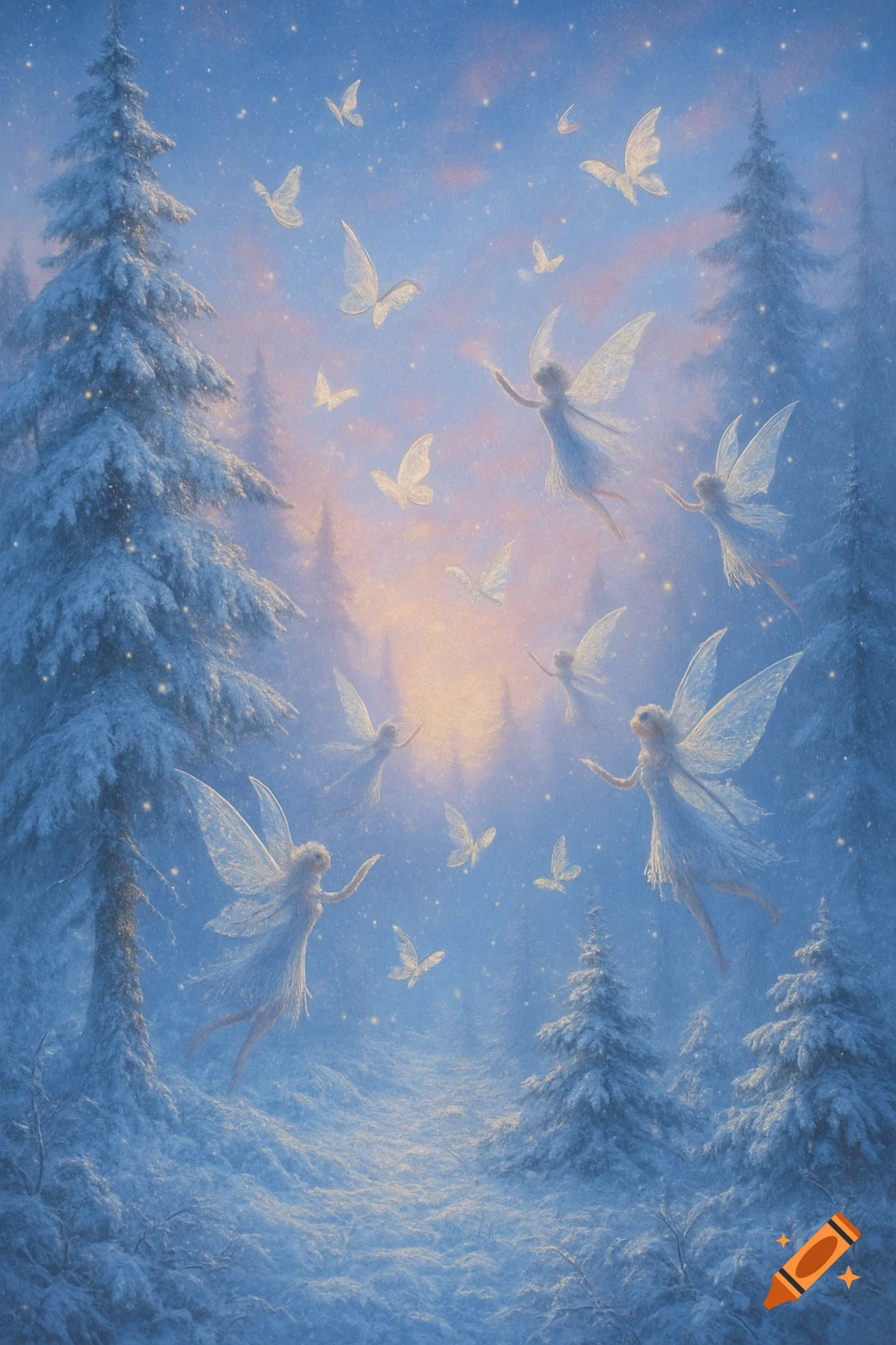 Whimsical scene of fairies and butterflies flying through a magical winter forest at soft sunrise.