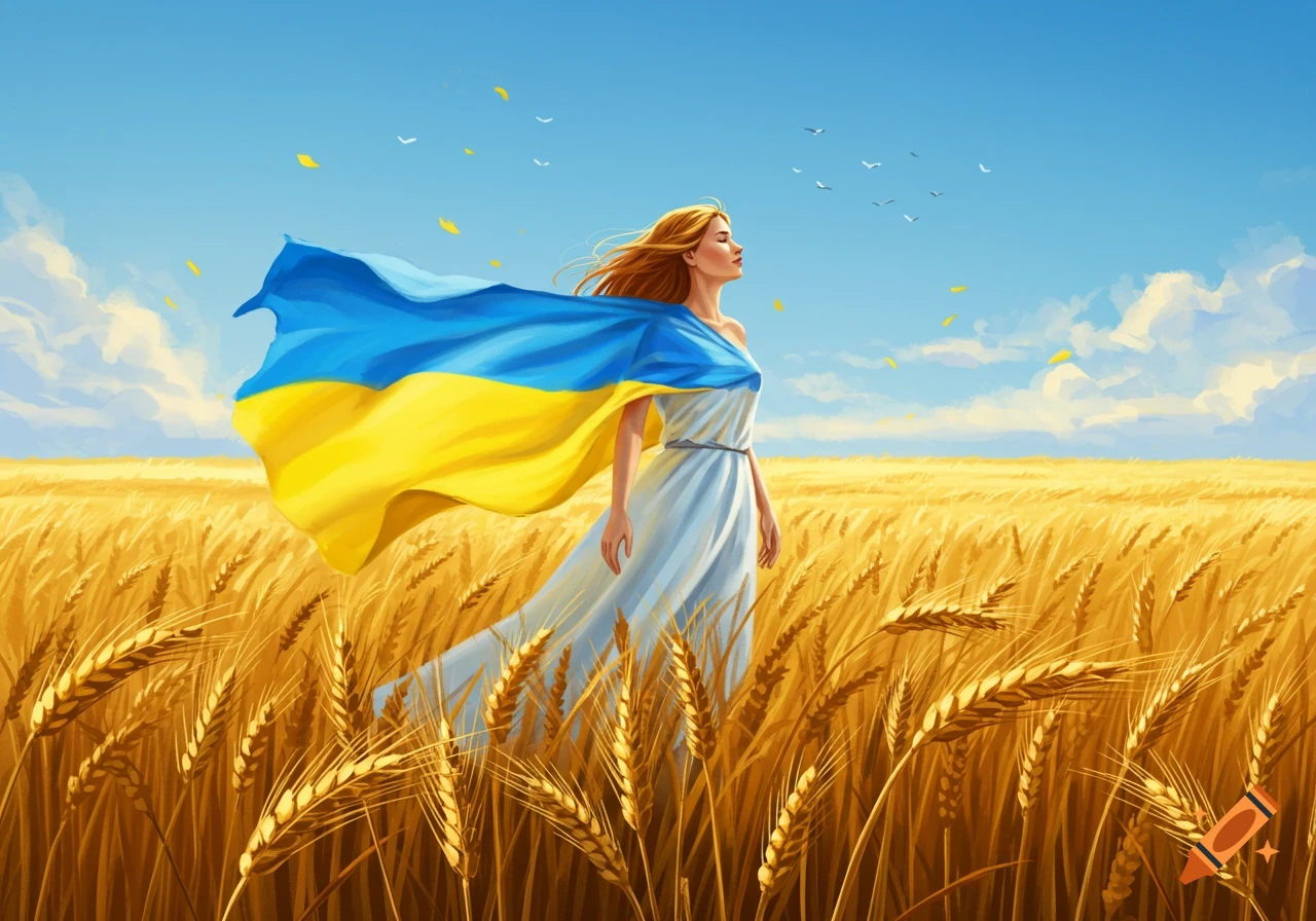 Illustration of a woman in a white dress with a flowing blue and yellow flag draped over her, standing in a golden wheat field under a blue sky.