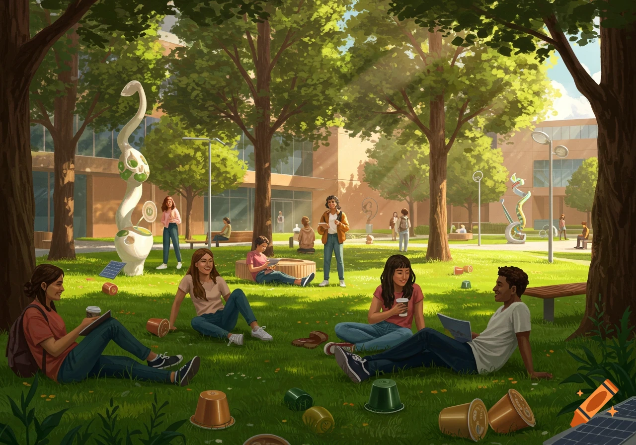 An inviting illustration of university students relaxing on green grass in a sunlit park with trees and modern buildings, featuring sustainable coffee pods.