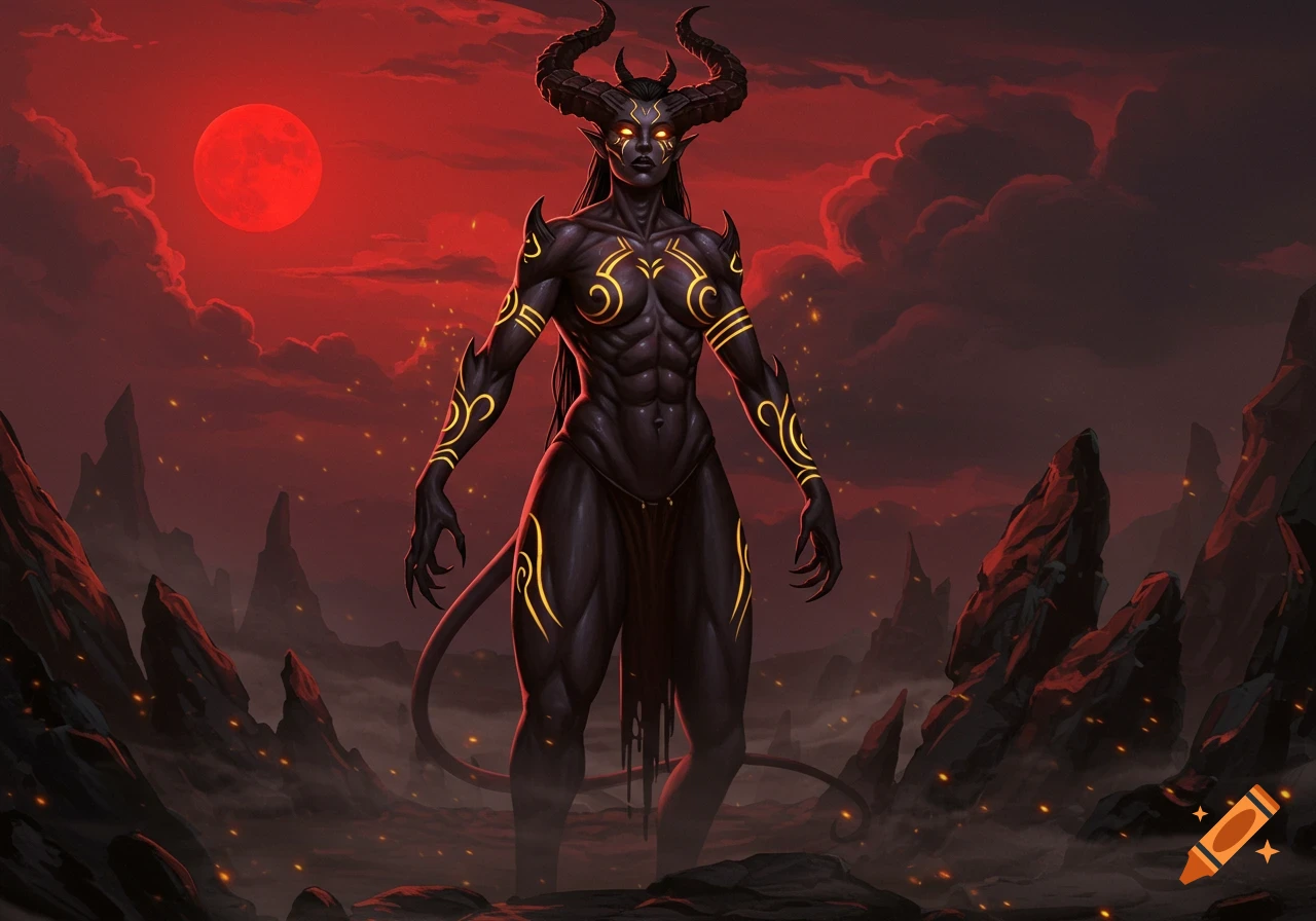 A muscular female demon with horns, glowing eyes, and golden markings stands in a dark, rocky landscape under a red sky and moon.