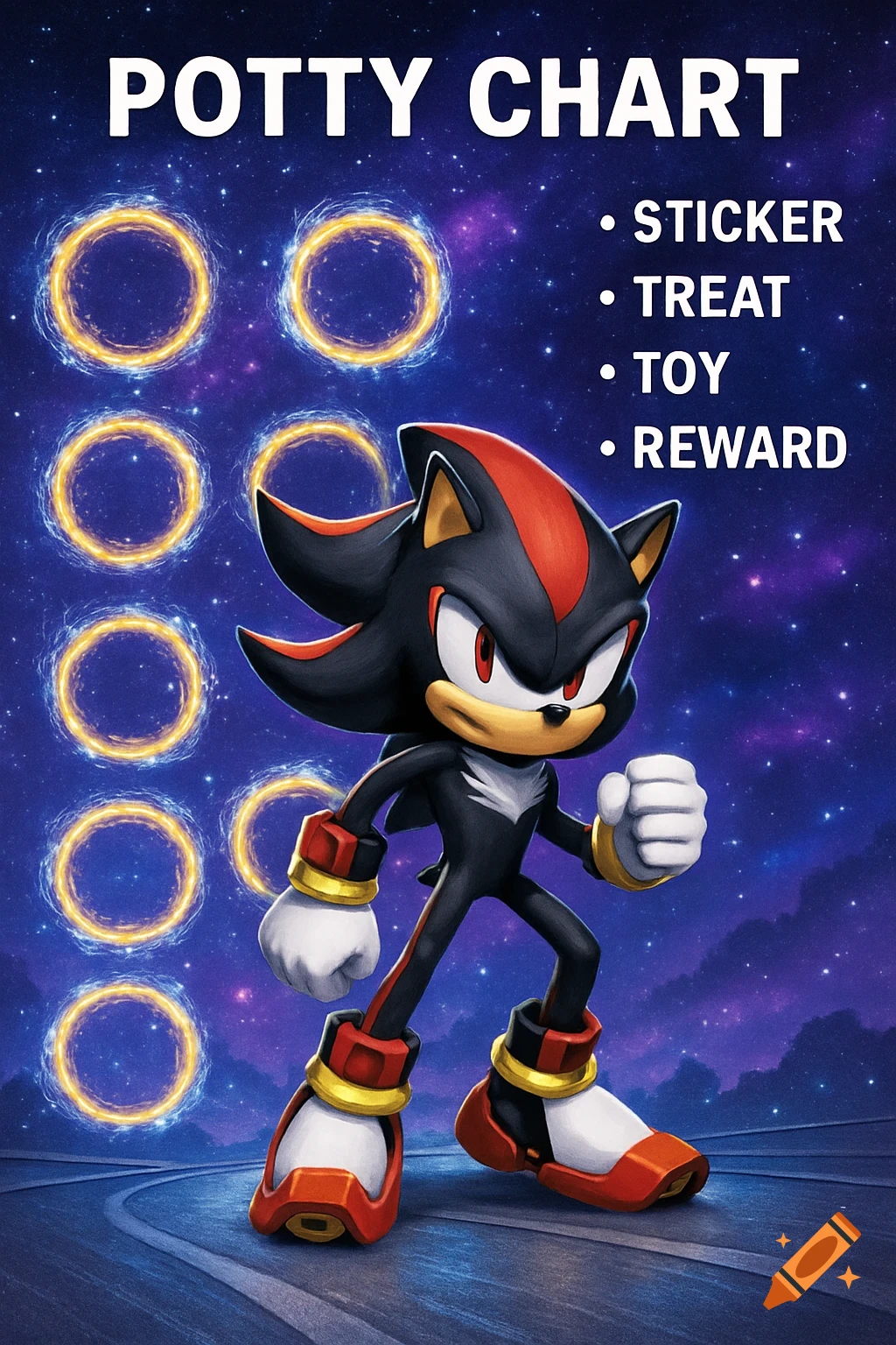 Shadow the Hedgehog stands beside a Potty Chart with golden rings and rewards, set against a cosmic background.
