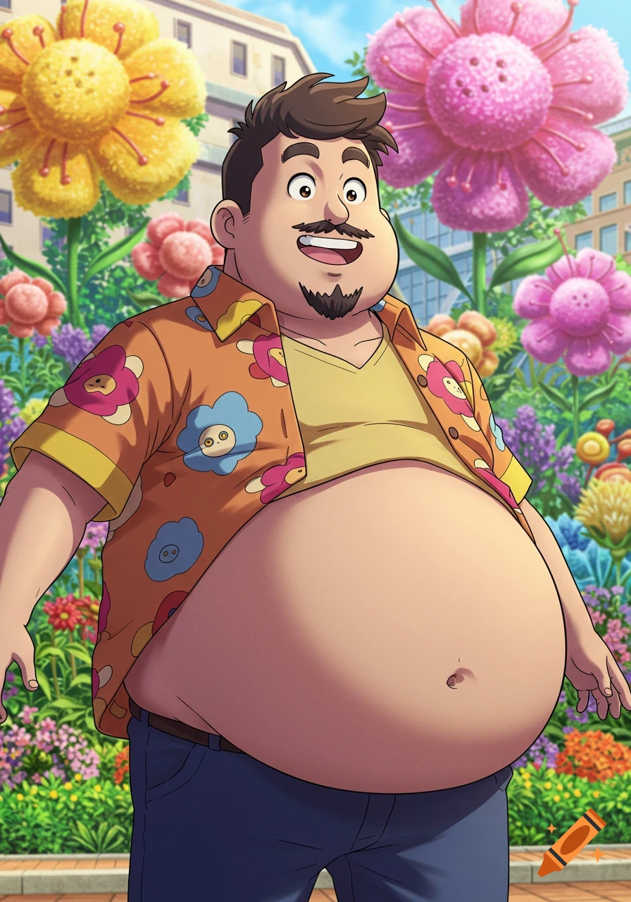 An anime man with a large, round belly, wearing a floral shirt and jeans, stands in a vibrant garden with giant cartoon flowers.