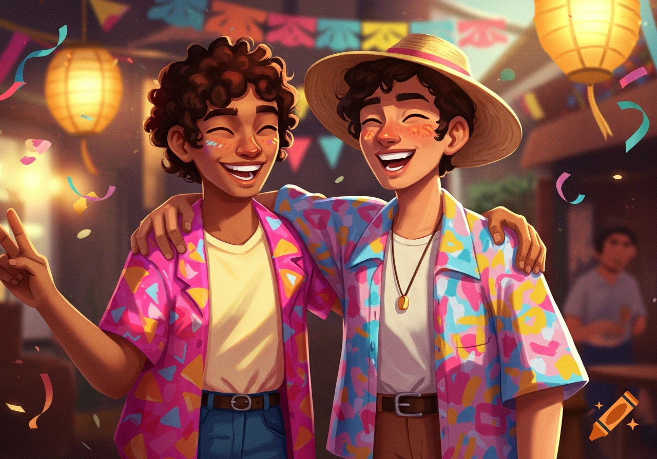 Two smiling, curly-haired friends in colorful patterned shirts at a lively outdoor celebration with lanterns and confetti, in a vibrant cartoon style.