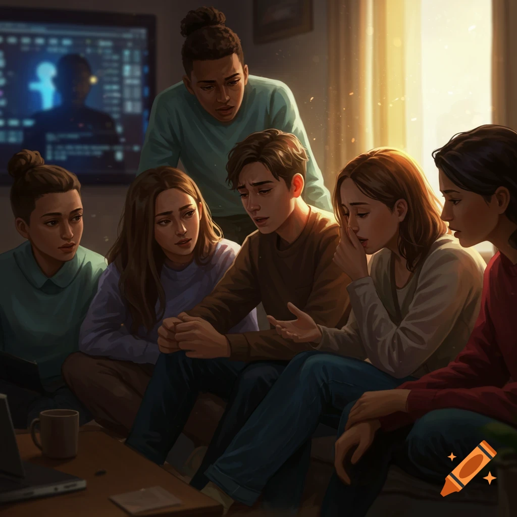 An emotional illustration of a diverse group of young adults looking distressed and comforting each other indoors, with a laptop and a screen showing data in the background.