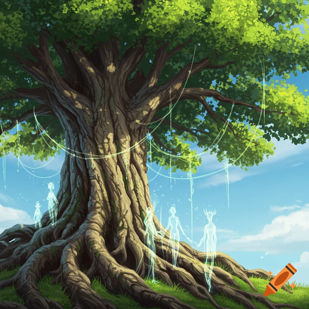 A large, ancient tree with gnarled roots and vibrant green leaves ...