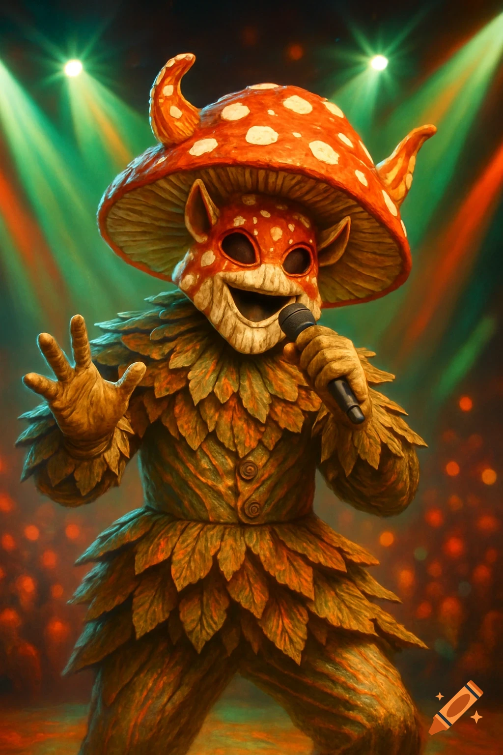 A person in a vibrant mushroom costume with a red and white mask sings into a microphone on a stage under colorful spotlights.