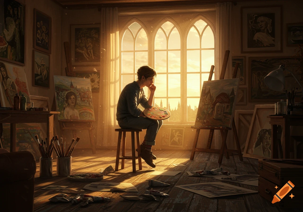 An artist sits thoughtfully in a sunlit studio, holding a palette, surrounded by easels, paintings, and art supplies.