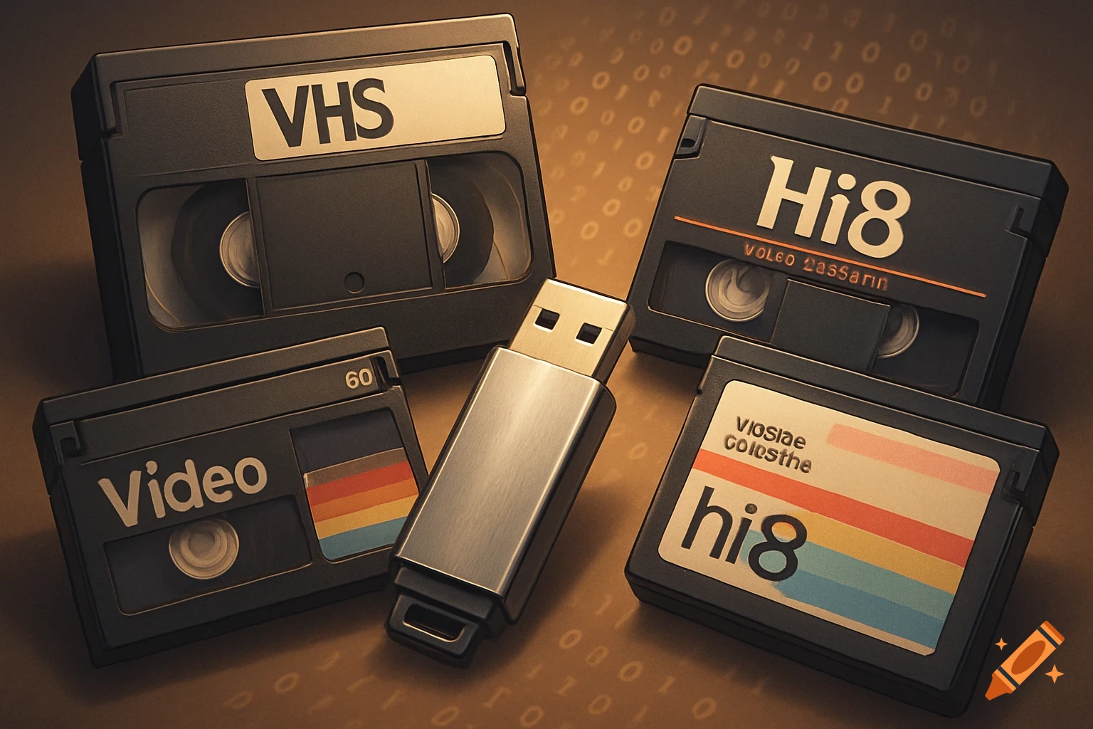 Various vintage video cassettes (VHS, Hi8, Video) and a modern USB flash drive are arranged on a brown surface with a subtle binary code pattern.